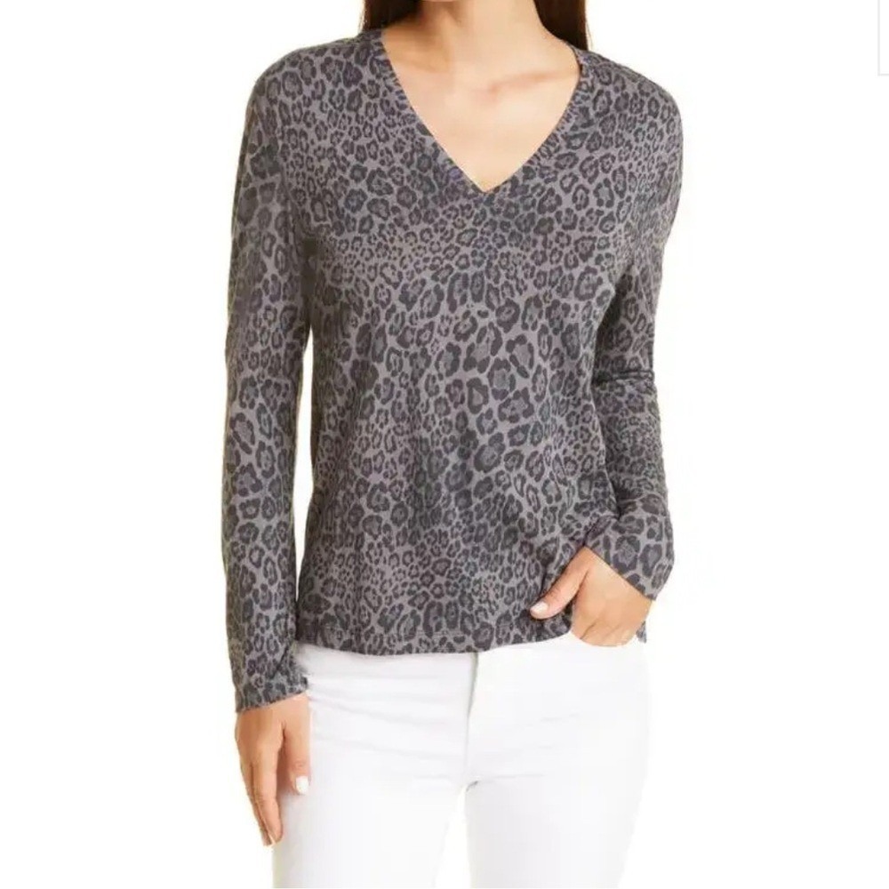 Rails The Sami Long Sleeve V-Neck Charcoal Leopard T-Shirt Women's Medium